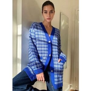 BABATON Lacer Cardigan Blue White Knit Pearl Button Pockets Merino Wool Blend XS